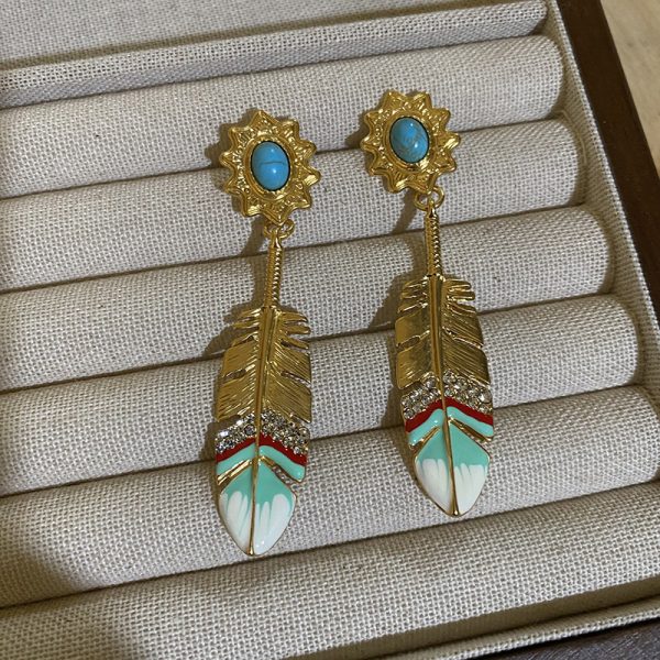 French designer bohemian feather earrings dripping oil copper plated real gold plated exotic turquoise earrings
