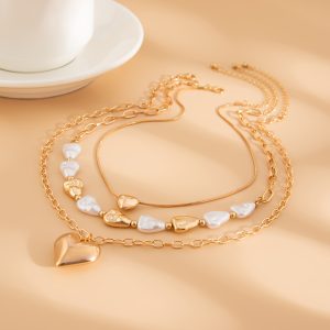 European and American cross-border fashion ins metal love pendant necklace Irregular design imitation pearl stacking necklace women