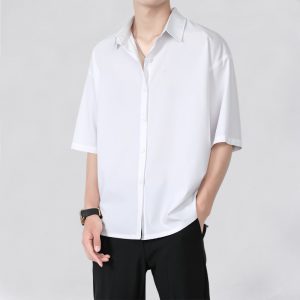 Ice silk shirt men's short-sleeved summer trendy brand trend men's casual jacket high-end sense of handsome five-quarter-sleeved black shirt