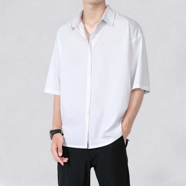 Ice silk shirt men's short-sleeved summer trendy brand trend men's casual jacket high-end sense of handsome five-quarter-sleeved black shirt - Image 3