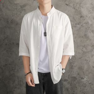 Summer linen shirt men's solid color shirt loose men's Chinese style cotton linen men's casual jacket seven points cross-border