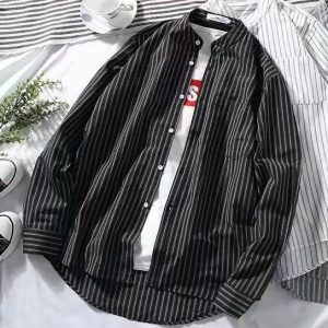2022 Spring and Autumn New Stand Up Collar Striped Long Sleeve Shirt Men's Trendy Thin Shirt Student Casual Top Men's
