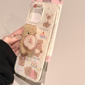 IMD double-layer large hole cute bear plus rotating stand for iPhone16promax phone case apple 15p