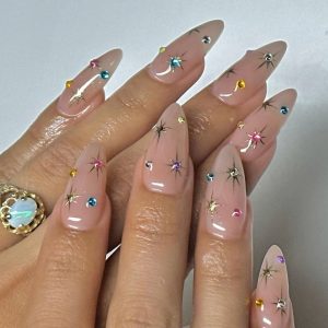Cross-border long pointed nail shape multi-color flash diamond wearable nail foreign trade teardrop type press fingernail wholesale
