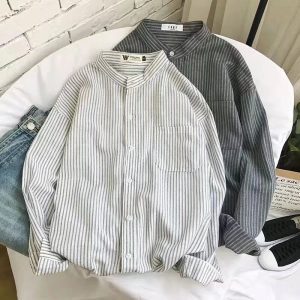 2022 Spring and Autumn New Stand Up Collar Striped Long Sleeve Shirt Men's Trendy Thin Shirt Student Casual Top Men's