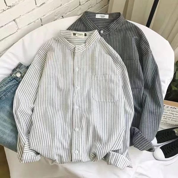 2022 Spring and Autumn New Stand Up Collar Striped Long Sleeve Shirt Men's Trendy Thin Shirt Student Casual Top Men's - Image 2