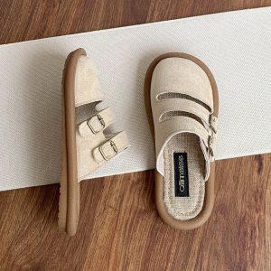 Birkenstocks, summer slip-ons, toe-toe, semi-slippers, women's breathable linen slip-ons, soft-soled cotton linen mules to wear outside