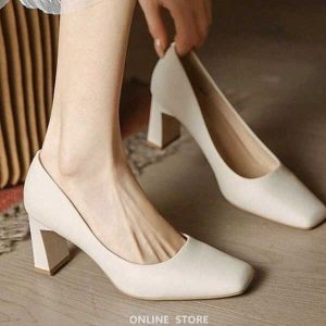 White thick heel square toe high heels women's middle heel hotel business pumps French evening style shoes