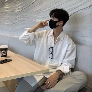 White Long Sleeve Shirt Men's New Korean Drape Top Loose Abstinence Lace Ice Silk Cool DK Solid Color Shirt