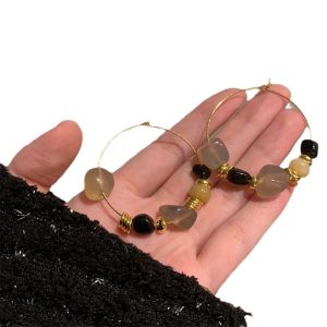 French vintage niche design agate natural stone metal beaded vintage earrings unique ins cold resort style
