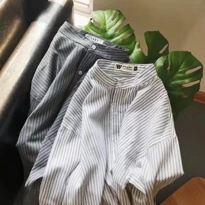 2022 Spring and Autumn New Stand Up Collar Striped Long Sleeve Shirt Men's Trendy Thin Shirt Student Casual Top Men's