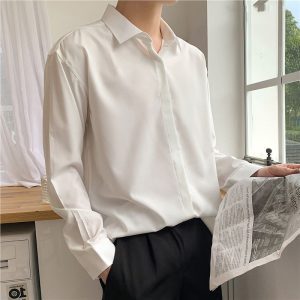Drapable iron-free loose solid color white shirt men's light familiar ruffian handsome teenager Korean version casual long-sleeved bottoming shirt