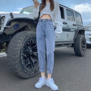 Net red thin section adjustable high-waisted jeans women's summer new Korean version wide-leg nine-point straight tube radish harem pants tide