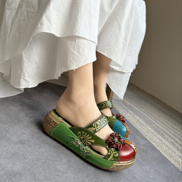 shoes cross-border hit 2025 summer new cowhide sandals ethnic style flower handmade platform women's shoes - Image 3