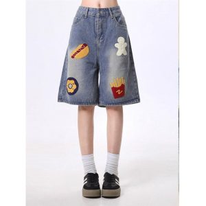 Cross border plus size denim shorts women's summer new creative fries towel embroidery loose wash distressed cropped pants 2