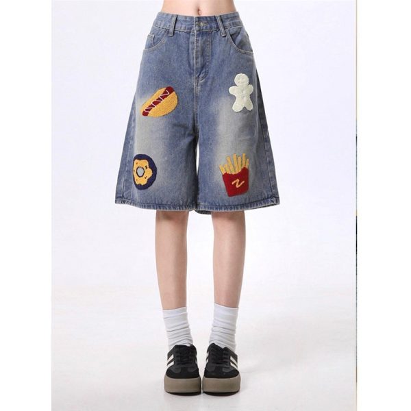 Cross border plus size denim shorts women's summer new creative fries towel embroidery loose wash distressed cropped pants 2 - Image 2