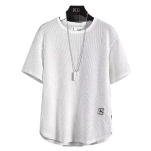 Linen short-sleeved t-shirt men's summer new half-sleeved T-shirt cotton linen solid color loose bottoming shirt white five-quarter sleeves