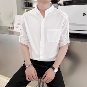 Linen Shirt Men's Short Sleeve Summer 2024 New Chinese High-end Cotton Linen Stand Collar Solid Color Casual Shirt Half Sleeve