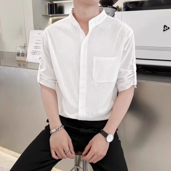 Linen Shirt Men's Short Sleeve Summer 2024 New Chinese High-end Cotton Linen Stand Collar Solid Color Casual Shirt Half Sleeve - Image 3