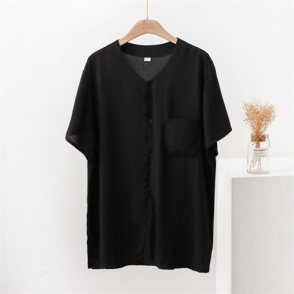 cotton silk middle-aged and elderly men short sleeve round neck shirt morning exercise shirt summer thin dad dress rayon top cardigan - Image 2