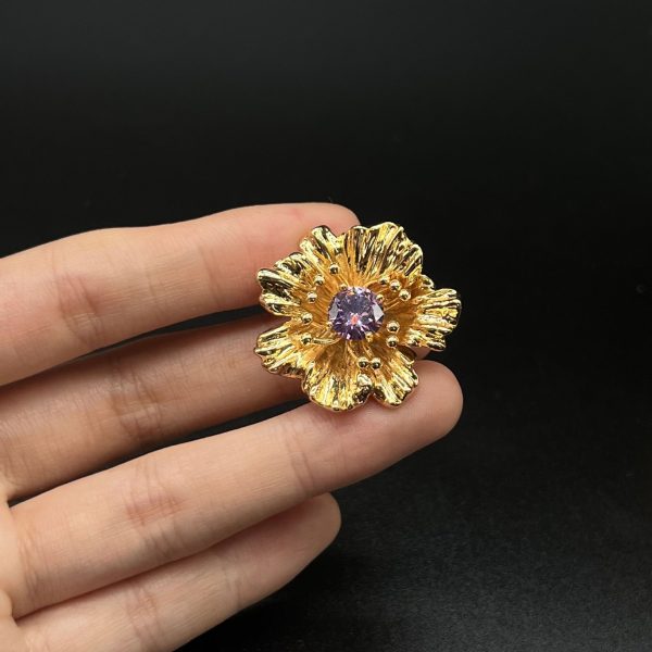 French Elegant Purple Zircon Flower Earrings Ring Set Gilded Flower Medieval Plain Gold Gardenia Flower Stud Earrings - Image 4