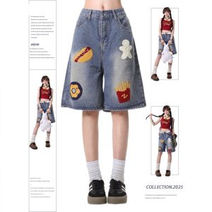 Cross border plus size denim shorts women's summer new creative fries towel embroidery loose wash distressed cropped pants 2