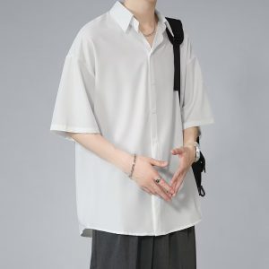 Ice silk short-sleeved shirt men's summer thin black Korean version of the trend loose casual five-quarter sleeve handsome and saving white lining