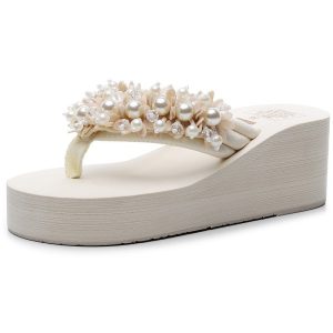 Cross-border summer beach vacations, handmade slippers, beaded high-heeled flip-flops, women's plus-size flip-flops