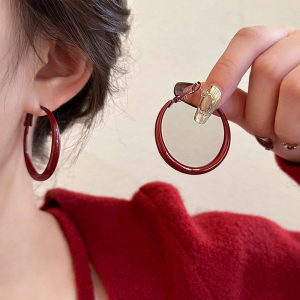 Vintage red circle earrings, Hong Kong style ins style, retro exaggerated large earrings, niche temperament, exquisite high-end earrings