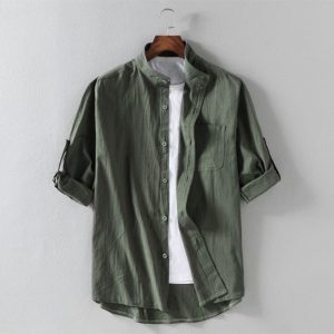 2023 summer new men's linen stand-up collar five-point mid-sleeve shirt tide men's cotton and linen loose large size casual shirt