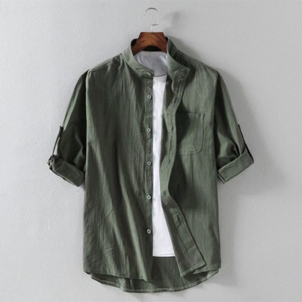 2023 summer new men's linen stand-up collar five-point mid-sleeve shirt tide men's cotton and linen loose large size casual shirt - Image 2