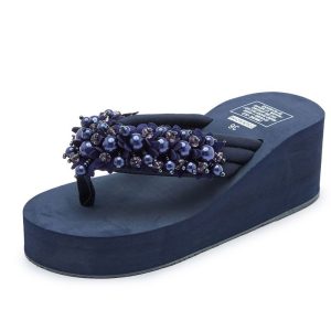 Cross-border summer beach vacations, handmade slippers, beaded high-heeled flip-flops, women's plus-size flip-flops