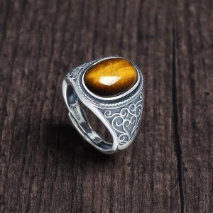 The new S925 silver tiger's eye stone live mouth men's ring retro style natural gift opening ring golden feeling