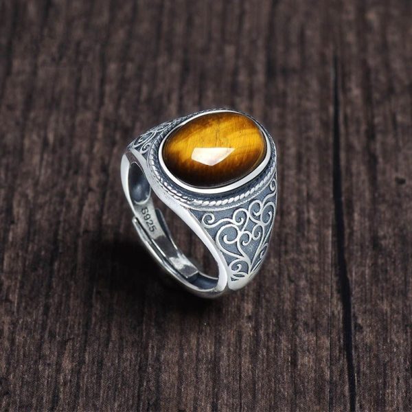 The new S925 silver tiger's eye stone live mouth men's ring retro style natural gift opening ring golden feeling