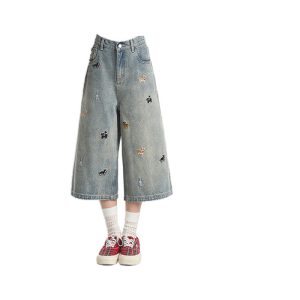 Puppy embroidered jeans, women's new summer pants, plus size fat mm shorts, slimming wide leg, seven-point mid pants