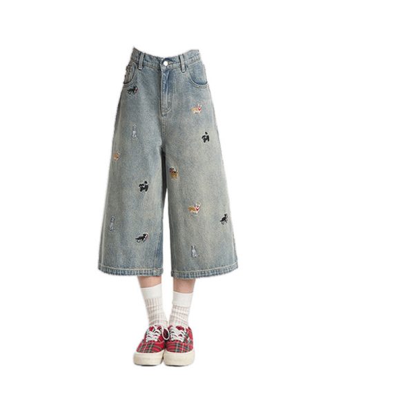 Puppy embroidered jeans, women's new summer pants, plus size fat mm shorts, slimming wide leg, seven-point mid pants - Image 5