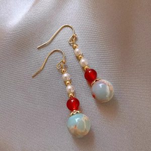 National style handmade Shoushan stone red agate earrings, retro new Chinese literary and elegant imitation pearl earhooks, temperament earrings
