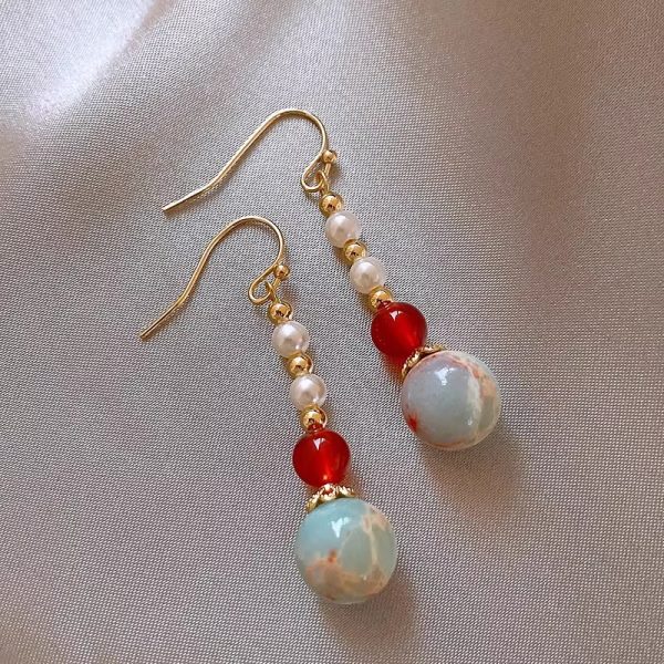 National style handmade Shoushan stone red agate earrings, retro new Chinese literary and elegant imitation pearl earhooks, temperament earrings - Image 3