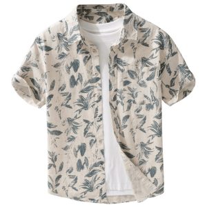 Summer linen personality print comfortable short-sleeved shirt casual breathable linen shirt floral men