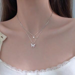 2021 new double-layer butterfly sterling silver necklace female ins niche design sense high-end collarbone chain jewelry pendant