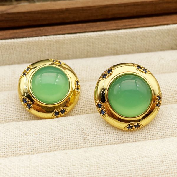 French court style round inlaid jade natural stone retro high-end earrings design gold earrings women