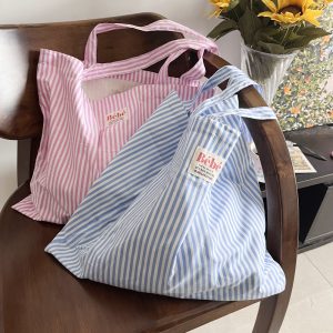 Homemade striped large-capacity eco-friendly bag, French casual and versatile, fresh thin cotton shoulder bag, hand-held shopping bag