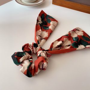 Korean Rose Scrunchie Green Oil Painting Headband 2024 New Large Intestine Streamer Ponytail Women's Hair Tie Retro Headband