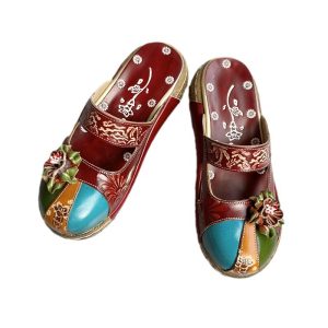 shoes cross-border hit 2025 summer new cowhide sandals ethnic style flower handmade platform women's shoes