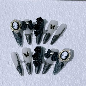 Hand-worn nail sweet cool dark baroque beauty head camellia long pointed nail manicure patch