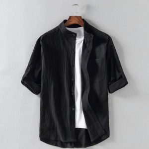 2023 summer new men's linen stand-up collar five-point mid-sleeve shirt tide men's cotton and linen loose large size casual shirt