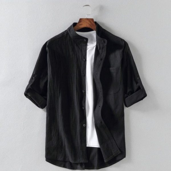 2023 summer new men's linen stand-up collar five-point mid-sleeve shirt tide men's cotton and linen loose large size casual shirt - Image 3