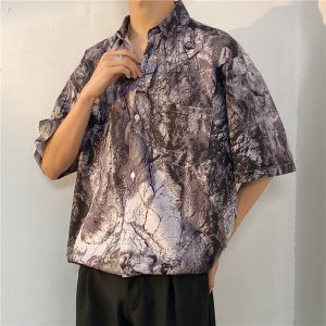 Shirt men's summer thin american retro print short sleeve shirt versatile ins high street casual loose top