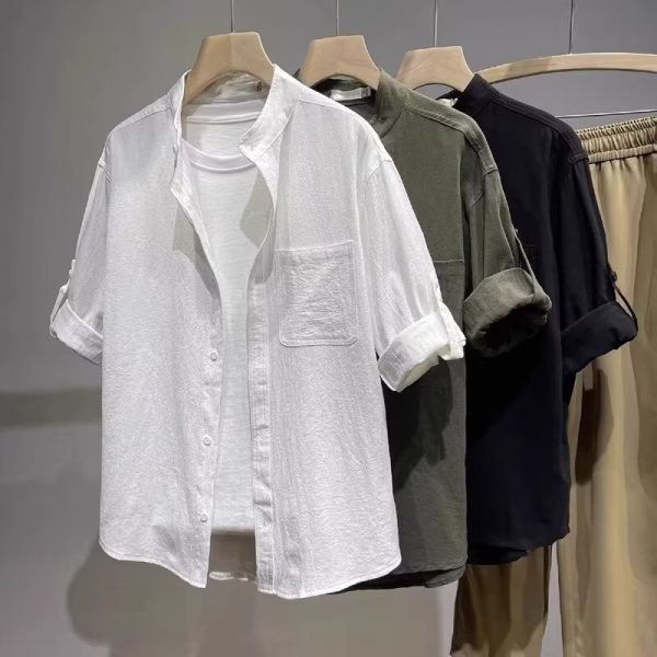 Linen Shirt Men's Short Sleeve Summer 2024 New Chinese High-end Cotton Linen Stand Collar Solid Color Casual Shirt Half Sleeve