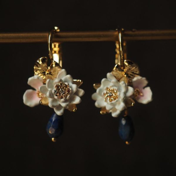 France forest lotus pond water lily dragonfly vintage necklace personality lapis lazuli earrings tassel retro new Chinese style - Image 3